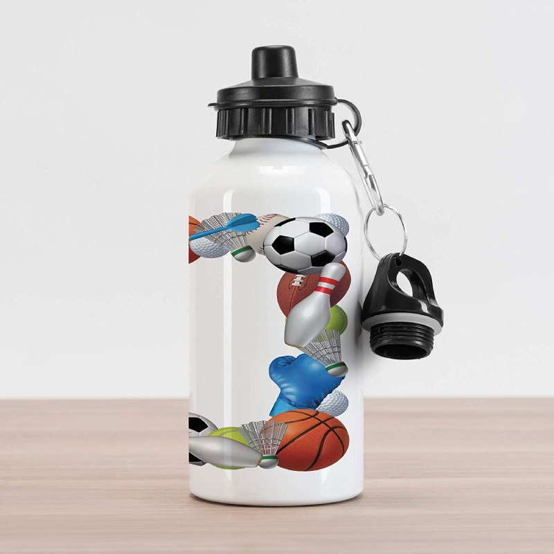 Lunarable Sports Aluminum Water Bottle, Frame with Sport Equipment from Baketball Boxing Golf Bowling Badminton Activity