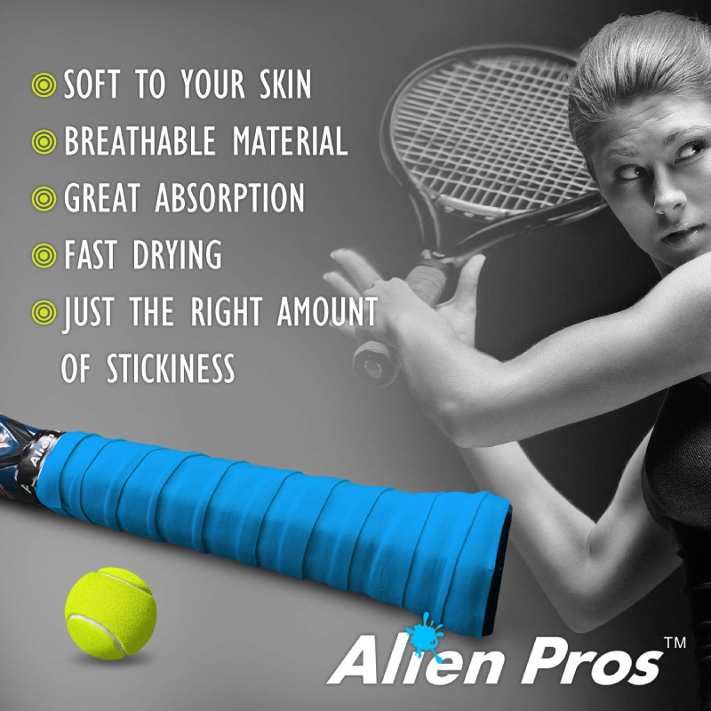 Alien Pros Tennis Racket Grip Tape (12 Grips) â€“ Precut and Dry Feel Tennis Grip â€“ Tennis Overgrip Grip Tape Tennis Racket â€“ Wrap Your Racquet for High Performance