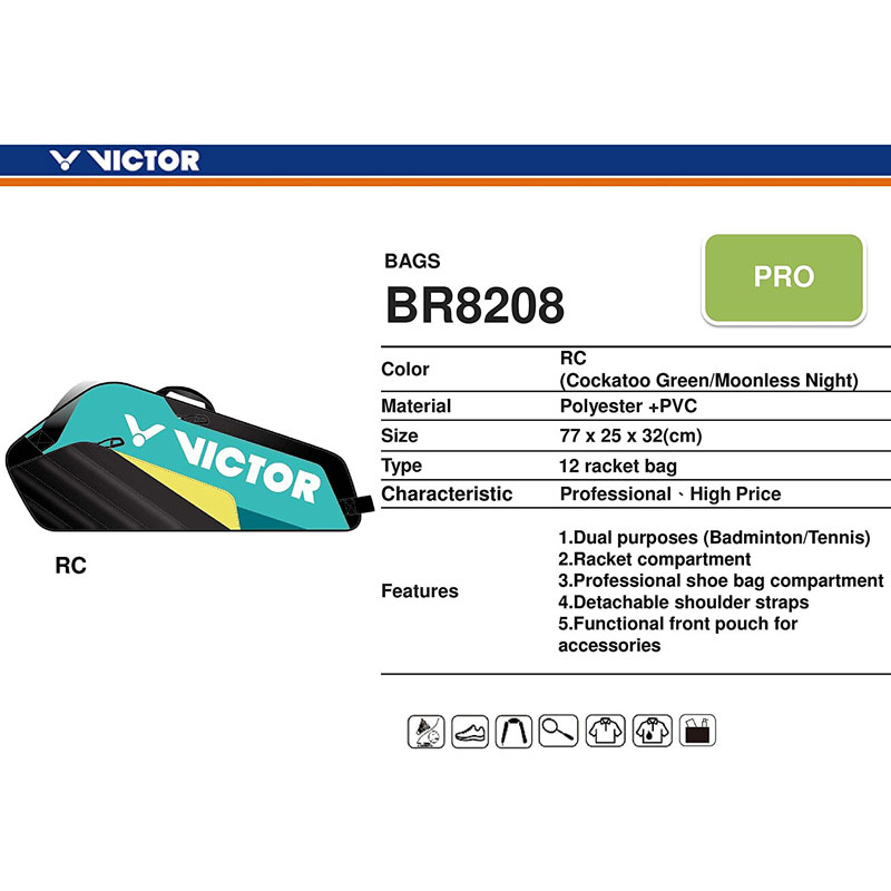 Victor Professional Badminton Kit Bag BR-8208 In 3 Different Color (12Pcs Racket Storage Space)